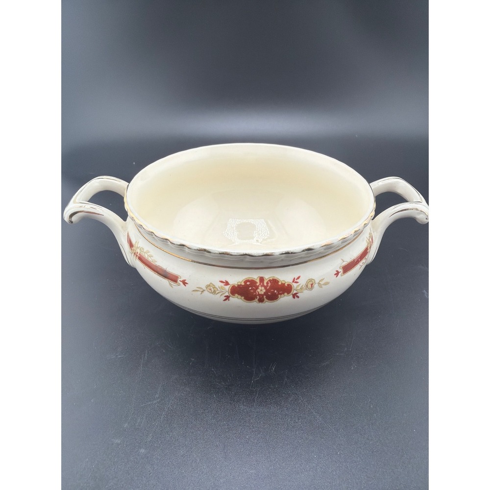Vintage Johnson Bros English Guildford Maroon Double Handle Soup Bowl England